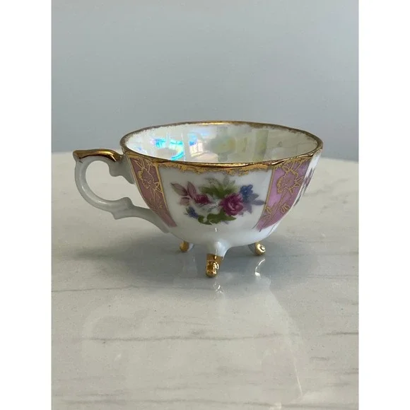 Vtg Pink Lusterware Footed Teacup Saucer Floral Gold Rim Tea Cup Iridescent - Picture 8 of 13